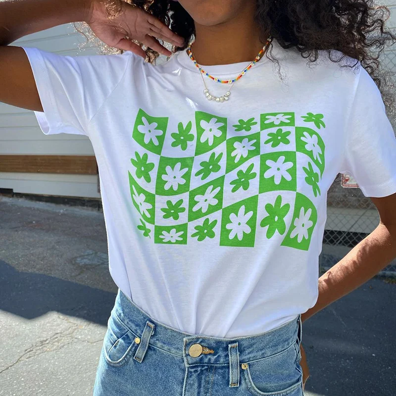 

ZOVSV Floral Print White Casual Oversized T-shirt Women Fashion Summer Short Sleeve Tee Shirt Femme Y2K 90s Streetwear 2021