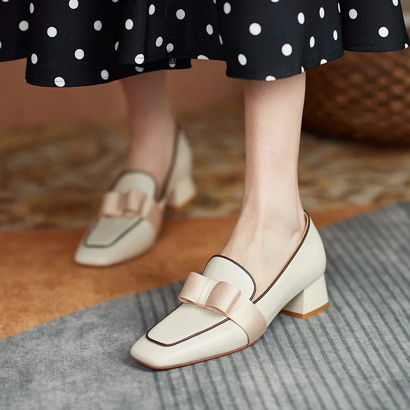 

Retro Women Pumps 2021 Square Toe Casual Ladies High Heels Mid Heels Chunky Heel Spring/Autumn Female Office Heels Leather Shoes