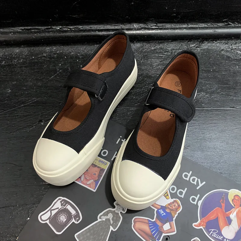 

Lolita Shoes Canvas Sneakers for Women White Shoes Hook Loop 2021 Autumn Big Toe Canvas Vulcanize Sneakers for Women Black Shoe