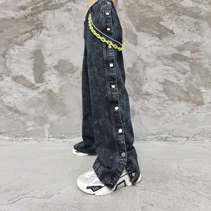Для мужчин боковые кнопки вытертые Винтаж уличная одежда в стиле хип-хоп, свободные прямые джинсовые брюки мужские джинсовые брюки