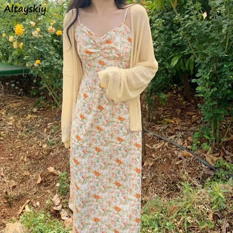 

Dress Women Floral V-neck Sexy Ulzzang Trendy Elegant Design Feminino Holiday French Style Retro Slim Summer Romance Tender Ins
