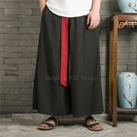 asian black warrior linen casual traditional kimono pants men male retro solid elastic waist harajuku obi loose wide leg bottom