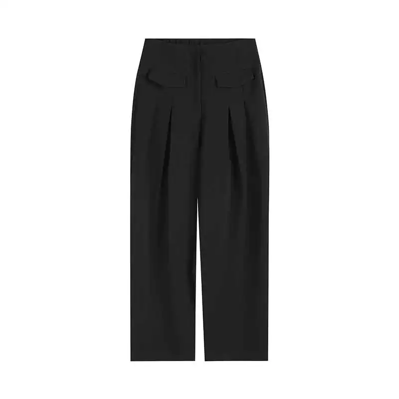 

IEQJ Black Casual High Elastic Waist Pleated Straight-leg Suit Trousers New Loose Pants Women Fashion Tide Summer 2021 3F0004