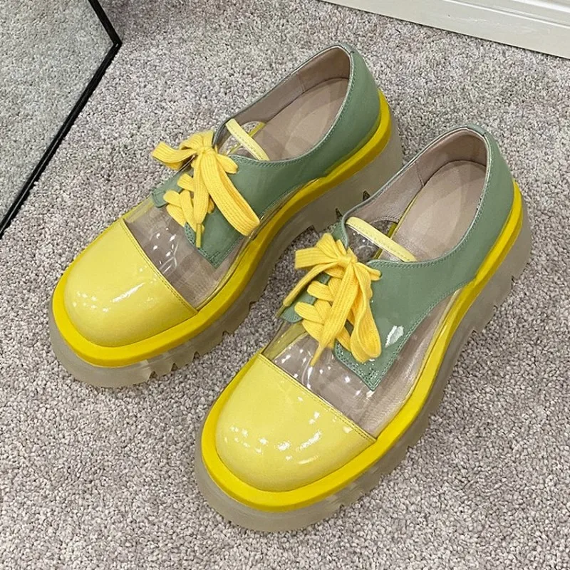 

Womens Round Toe Clear Transparent PVC Match Colors Lace Up Oxfords Platform Shoes Genuine Leather Summer New