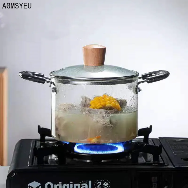 

Бинауральный прозрачный стеклянный горшок AGMSYEU большой емкости из боросиликатного стекла, стеклянный горшок с прямым огнем