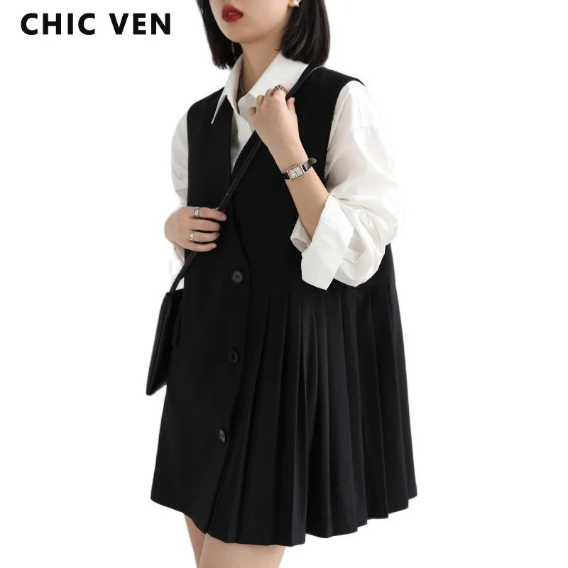 

CHICVEN Autumn 2021 Casual Korean Sleeveless Women Dress Loose Asymmetric Pleated Suit Vest V-neck
