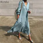 Модный сарафан ZANZEA 2020, женское платье-рубашка, повседневное, с длинным рукавом, с отворотом, макси Vestidos, женское, раздельное, однотонное, туника, халат, плюс размер