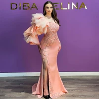 blush pink side split evening dresses one shoulder ruffles puffy long sleeves mermaid prom gowns plus size dubai party dress