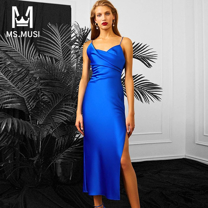 

MSMUSI 2021 New Fashion Women Spaghetti Strap Draped Backless Slit Midi Dress Sexy Club Party Lady Sleeveless Bodycon Satin Dres
