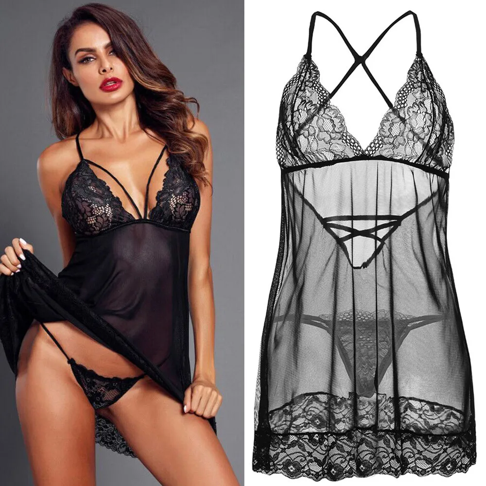

Erotic Lace Sexy Lingerie Babydoll Halter G String Sexy Underwear Pajamas Dress Porno Lenceria Mujer Sexy Costumes For Women Hot