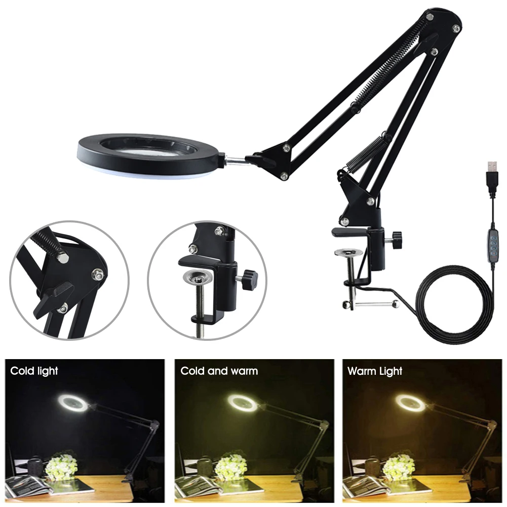 

10X Magnifying Desktop LED Lamp Stepless Dimming 3 Colors Adjustable Swing Arm with C-Clamp for Soldering Reading Beauty