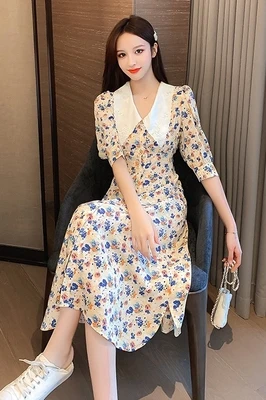 

Summer Peter Pan Collar Patchwork Dress Woman Chiffon Vintage Midi Shirt Dresses Drawstring Lace Chiffon Plus Size Dress Women