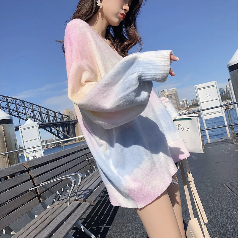 MISHOW Spring Autumn Rainbow Pink Sweater women V-neck Loose Long Sleeves Knit Pullover Over Size Outer Wear Tops MX19C5425 | Женская