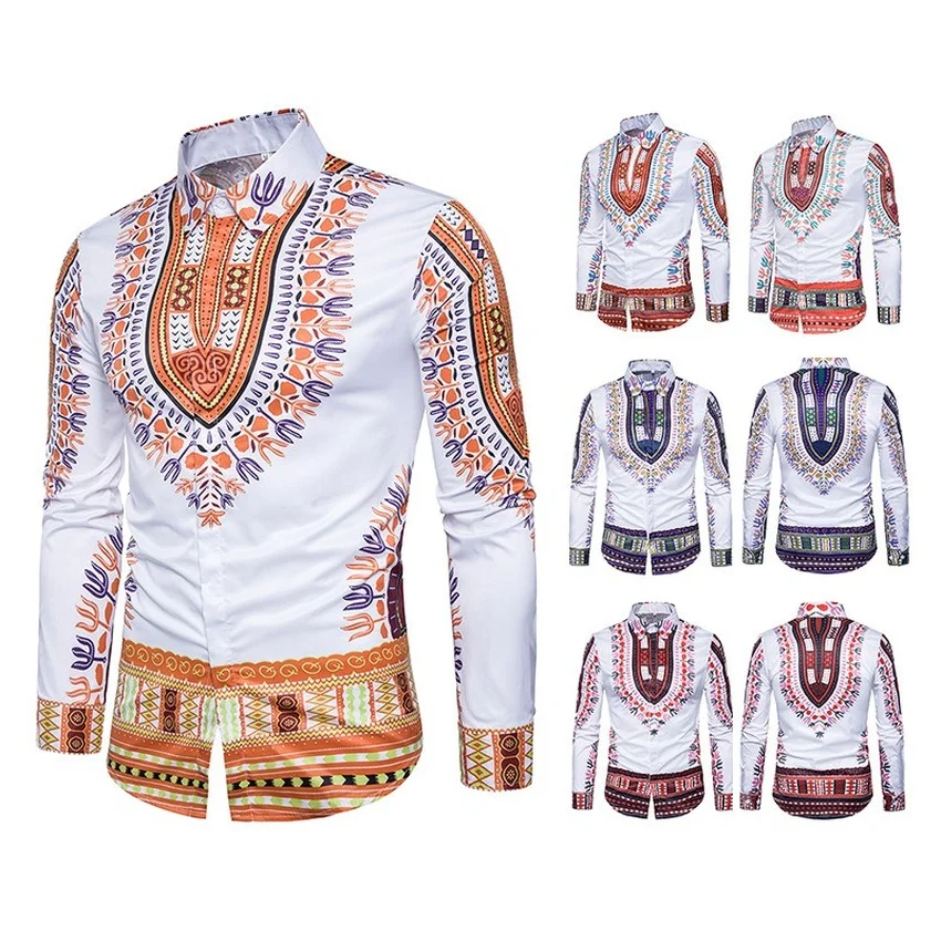 

African Fashion Men Shirt Bazin Riche Dashiki Print Top Men Streetwear Africa Clothes Full Sleeve Shirts Male 2021 New Plus Size