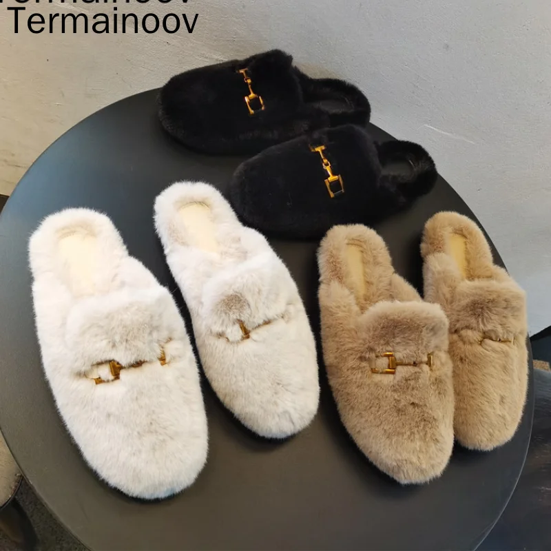 

Женские домашние тапочки Termainoov, меховая обувь, плюшевые бархатные полутапочки на плоской подошве