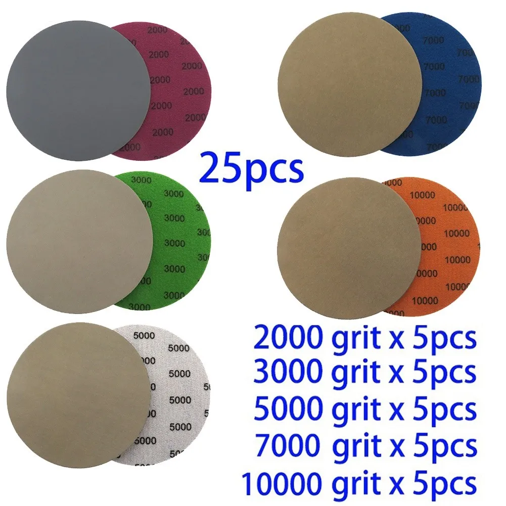 

25pcs 5" 125mm Hook Loop Wet/Dry Sandpapers 2000/3000/5000/7000/10000 Grit Waterproof Sanding Discs For Polishing