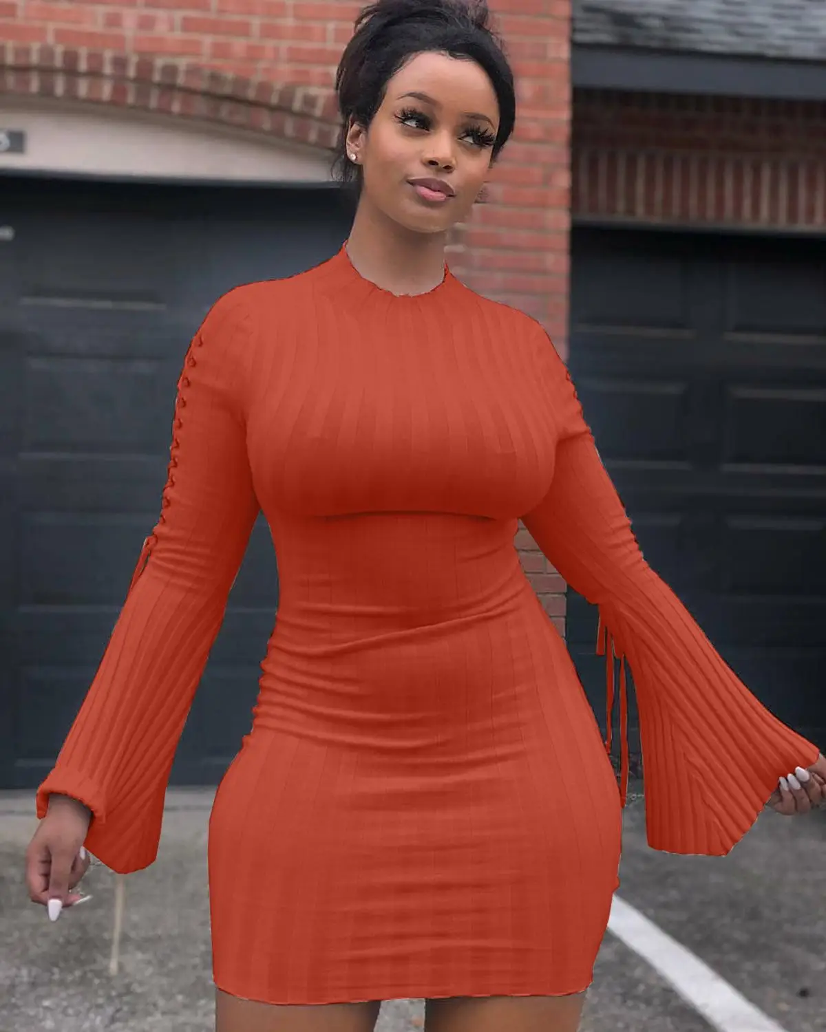 

Casual Women Mini Dress Flare Sleeve Solid Color Party Night Clubwear Dresses For Women Party Christmas Vestidos