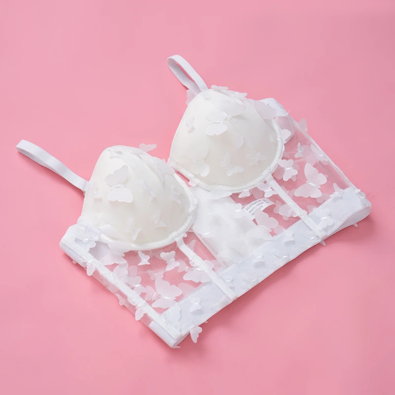 

2021 New Mesh Camisole Top Female 3D Butterfly Decoration Perspective Fishbone Shapewear Underwear Sexy Gathering Bra Y911