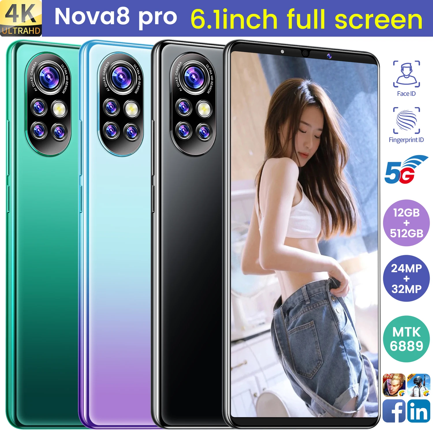 

2021Global Version Nova8 pro Smartphones 12+512GB 5200mAh 6.1Inch Dual SIM Dual Standby Support Face ID 4G 5G Android CellPhone