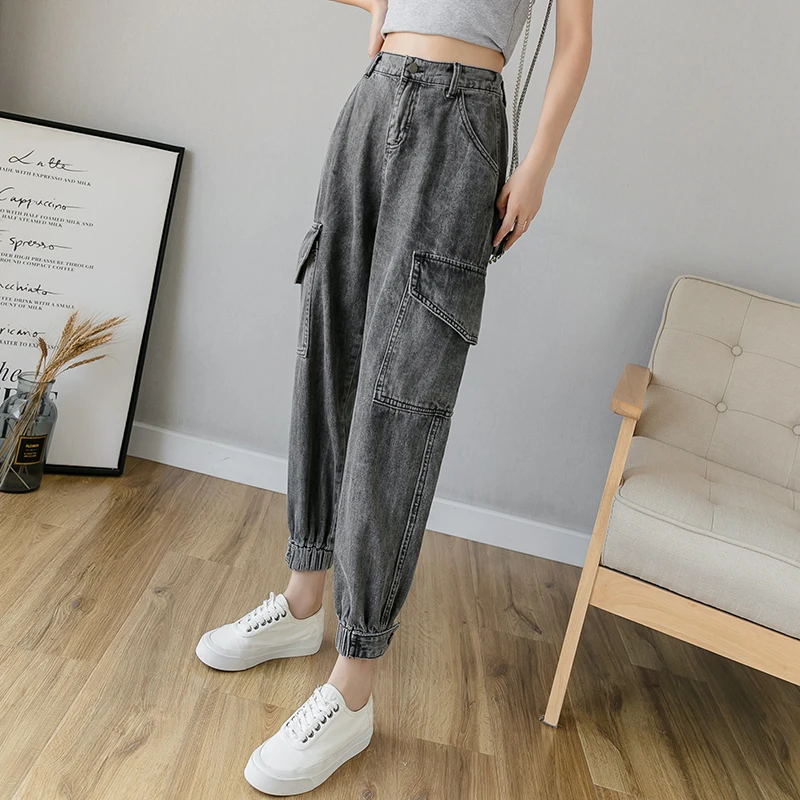 

Female loose tooling jeans han edition student of tall waist harlan feet pants elastic waist beam web carrots torre pants