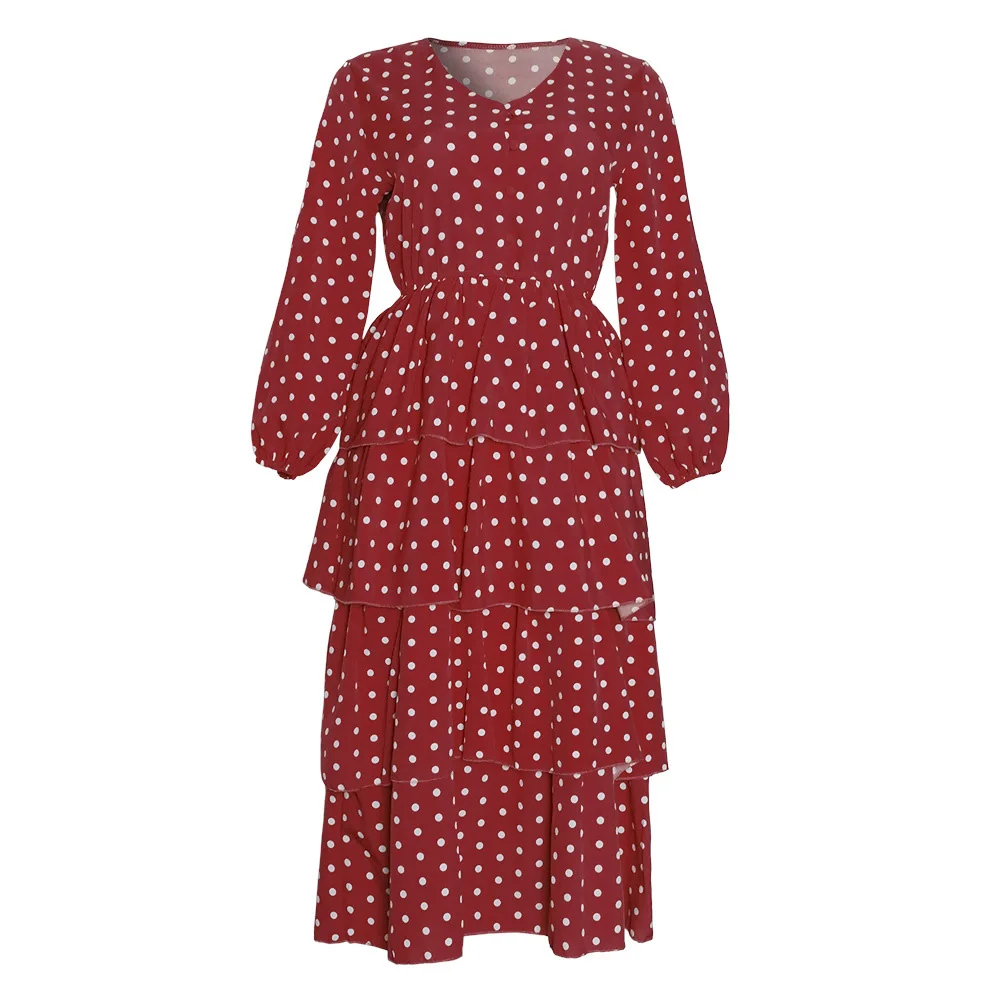 

Western Style Women Dress Spring Autumn New Fashion African Oversize Loose Casual Simple Ruffle Chiffon Wave Point V-neck