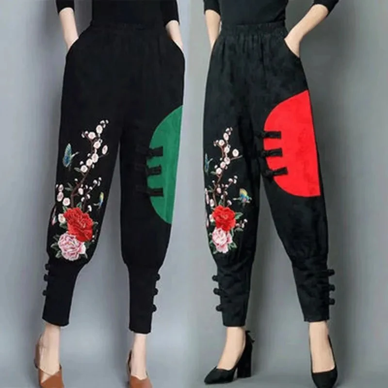 2021 New Summer Embroidery Trousers Literature Bloomers Women's Trousers Cropped Trousers Radish Leg Pants Fat Legs Pants