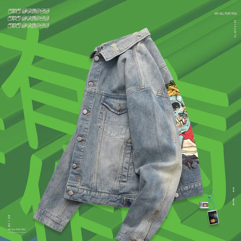 Джинсовая куртка с двумя карманами однобортная шикарная в стиле хип хоп унисекс