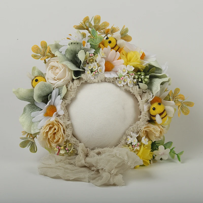 Pink Sunflower Garden Floral Bonnet Hat Knit Newborn Flower Photography Shoot Baby Girl Photo Props | Детская одежда и обувь