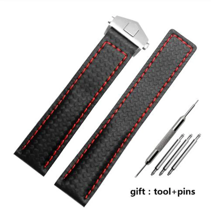 For TAG heuer  watchband Carbon fiber texture cow leather bottom BLACK RED wristband men's strap 20mm 22mm with folding buckle