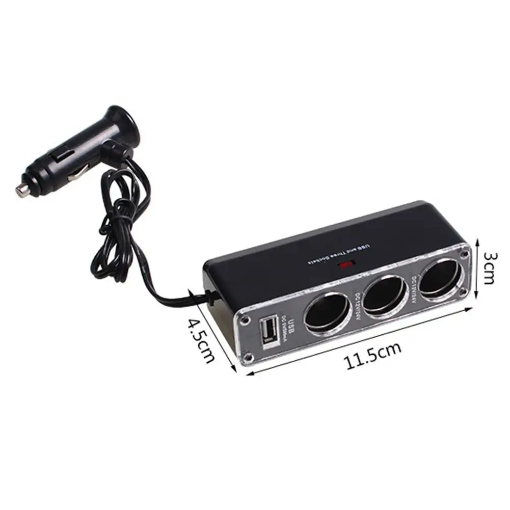 

1Pc Three-Way 12V/24V Car Cigarette Lighter Socket Charger Splitter Usb Black Port W/ Adapter