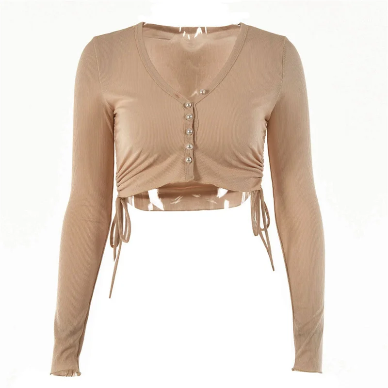 

Thorn Tree Women Spring Fall Long Sleeve Cardigan Buttons Up Fashion Solid Color Drawstring Exposed Navel Ribbed Knitted T-Shirt