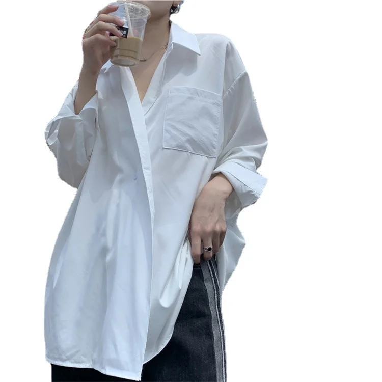 

Женская однобортная рубашка с длинным рукавом, свободная дизайнерская блузка в ленивом стиле, дышащая однотонная блузка белого и синего цв...
