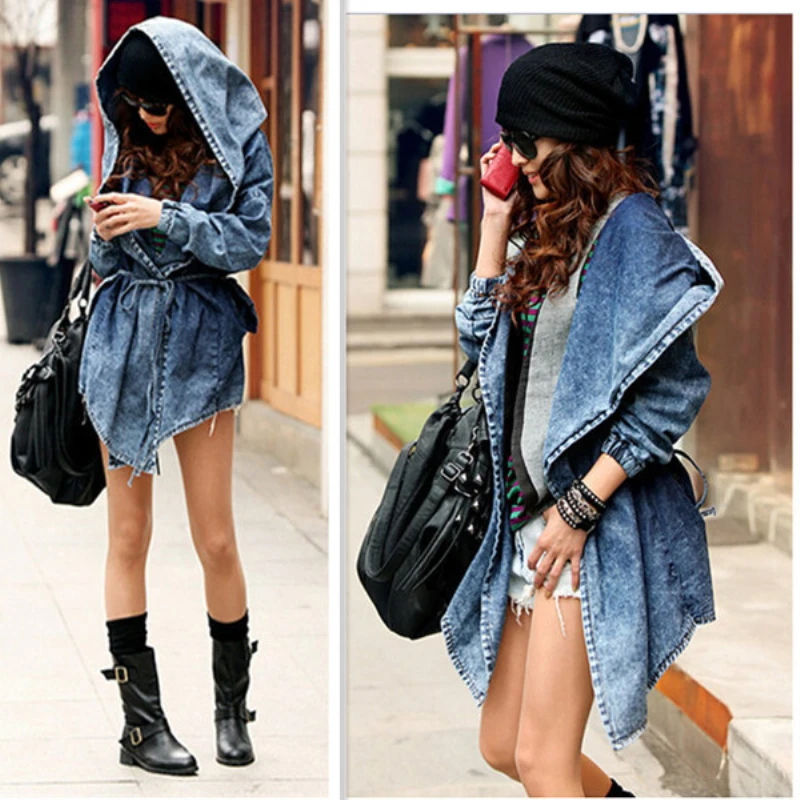 

New Girl's Female Denim Jeans Jackets Oversized Hoodie Hooded Outerwear Wind Jacket Fashion Design Denim Women Coat