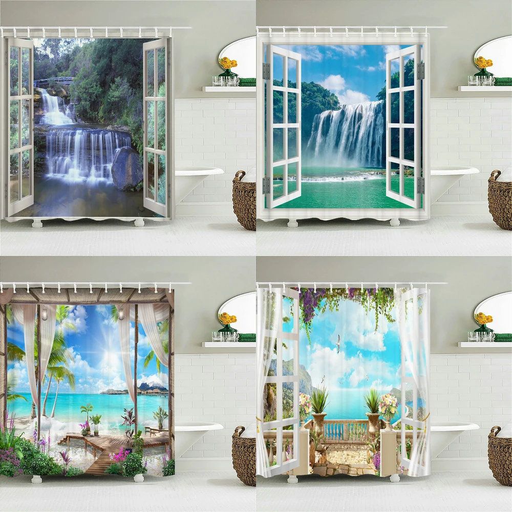 

Scenery Outside the Window 3D Print Waterproof Shower Curtain with 12 Hooks Polyester Fabric Home Bathroom Curtains 180x180CM