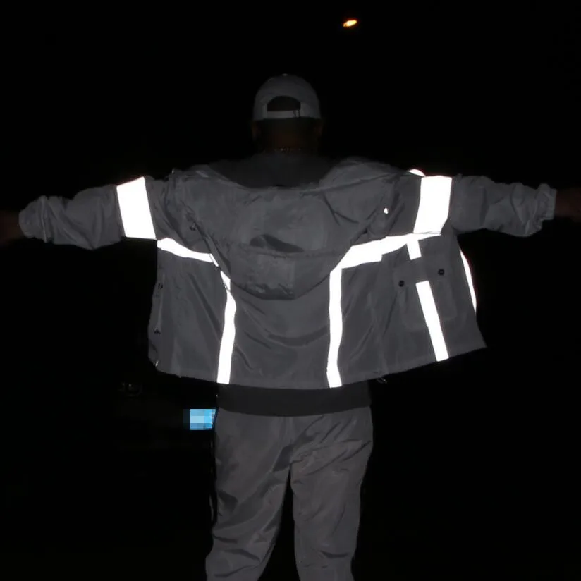 

Men autumn reflective patchwork casual hooded jacket windbreaker women loose night reflect light coats punk streetwear clothes