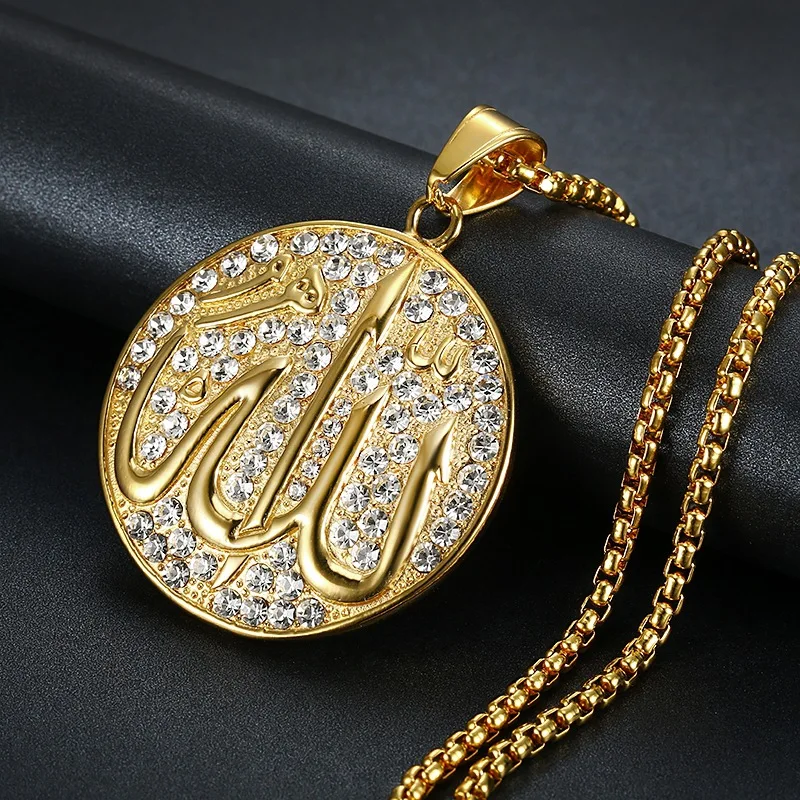

Hip Hop Bling Iced Out Rhinestone Stainless Steel Islam Muslim Allah Round Pendant Necklace for Men Rapper Jewelry