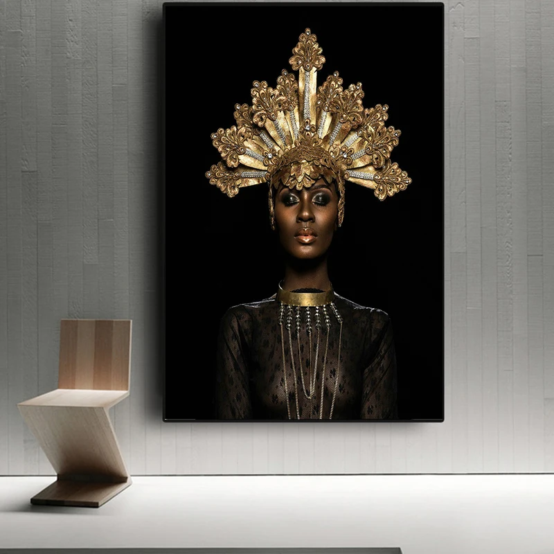 

Canvas Painting Abstract Gold Crown Black African Woman on Posters and Prints Scandinavian Wall Art for Bedding Room Picture