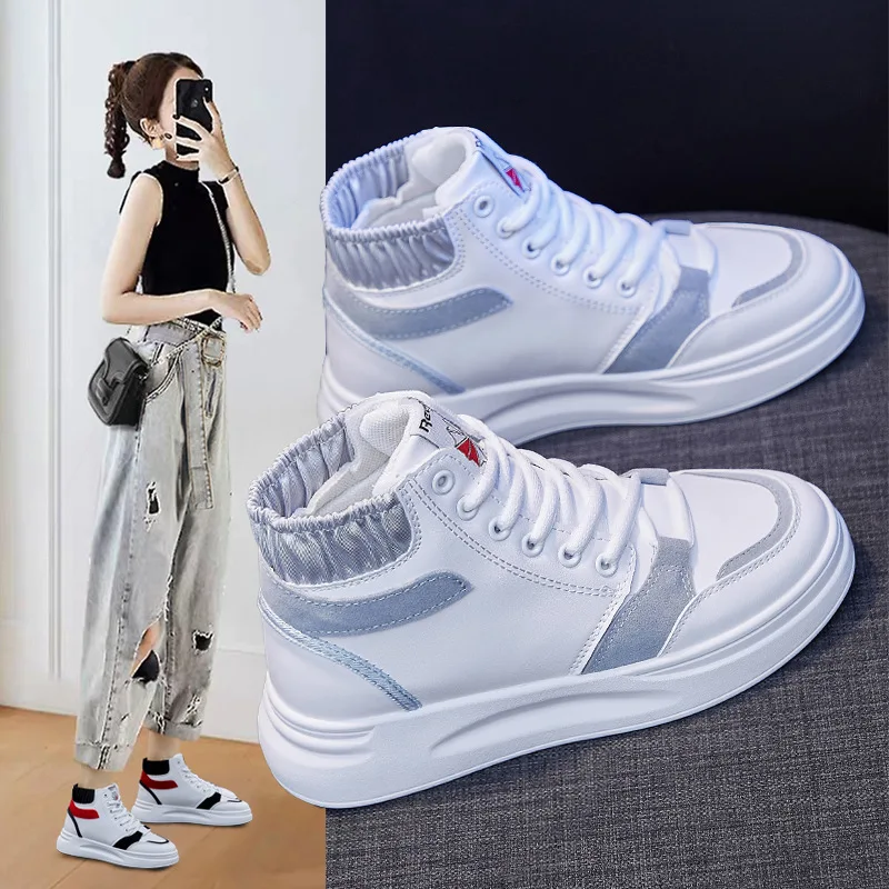 

2020 Autumn Korean Students Running Fire All-match High-top White Shoes Women's Board Shoes Women's Thick-soled Inner High Shoes