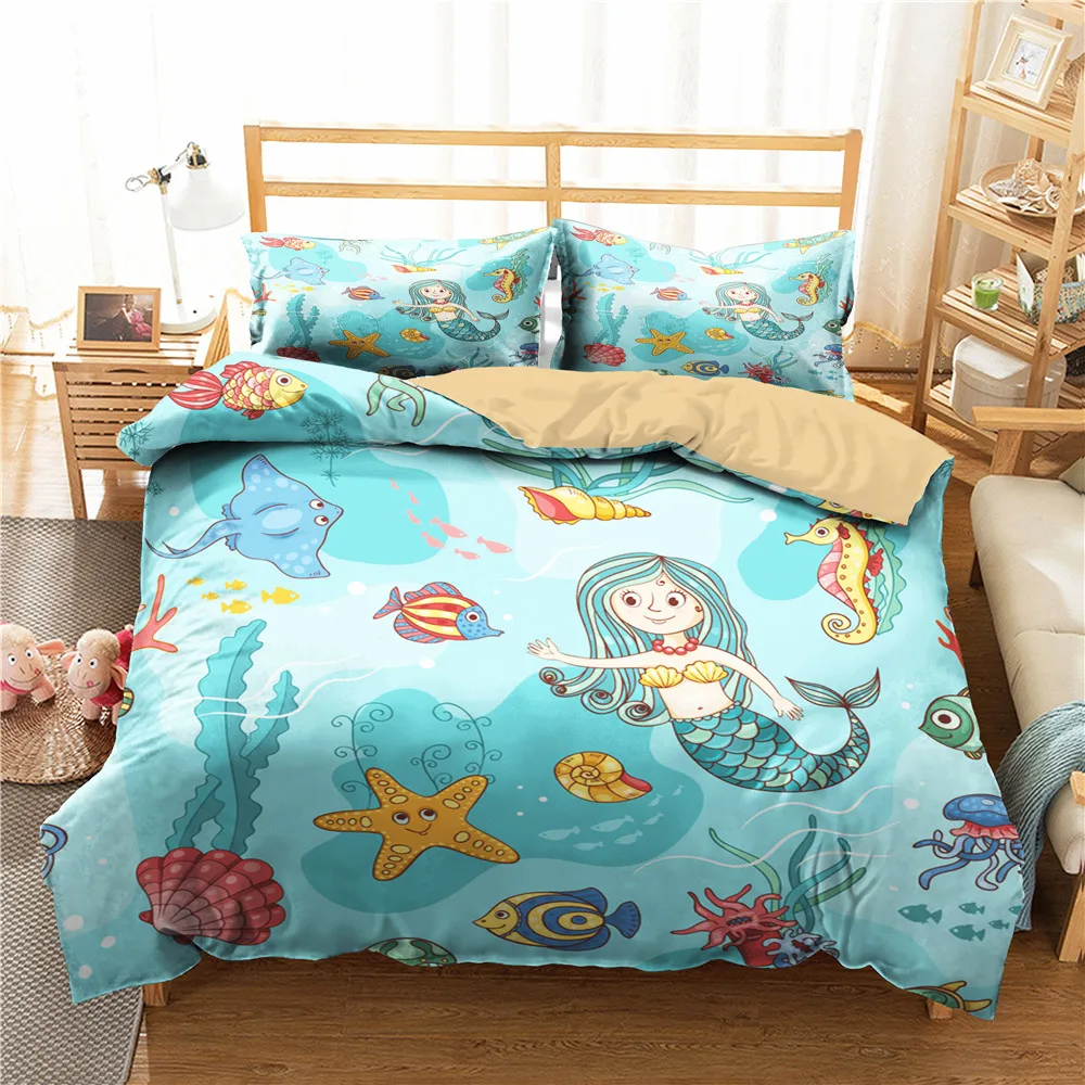 

Комплект постельного белья с изображением Русалочки, с рисунком подводного мира, пододеяльник для спальни, стеганые одеяла и постельное бе...