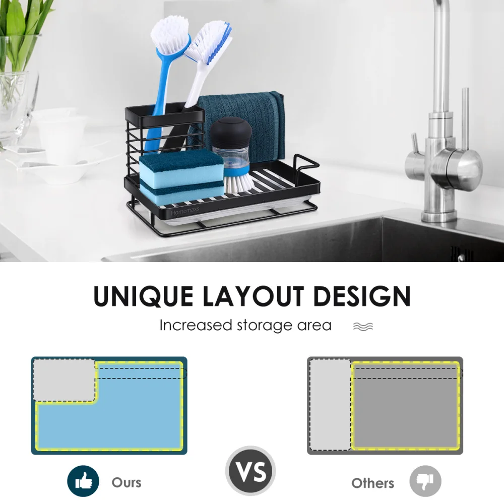 

HOMEMAXS Kitchen Sink Organizer Stainless Steel Dish Kitchen Utensils Holder Sponge Brush Rack with Drain Pan for Home Kitchen