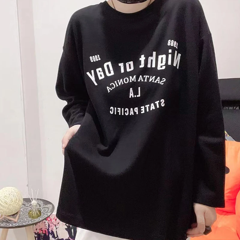 

Winter Women's Long Sleeve Casual Pullover Tee Large Size Simple Letter Printing Cotton Oversized T Shirt Black