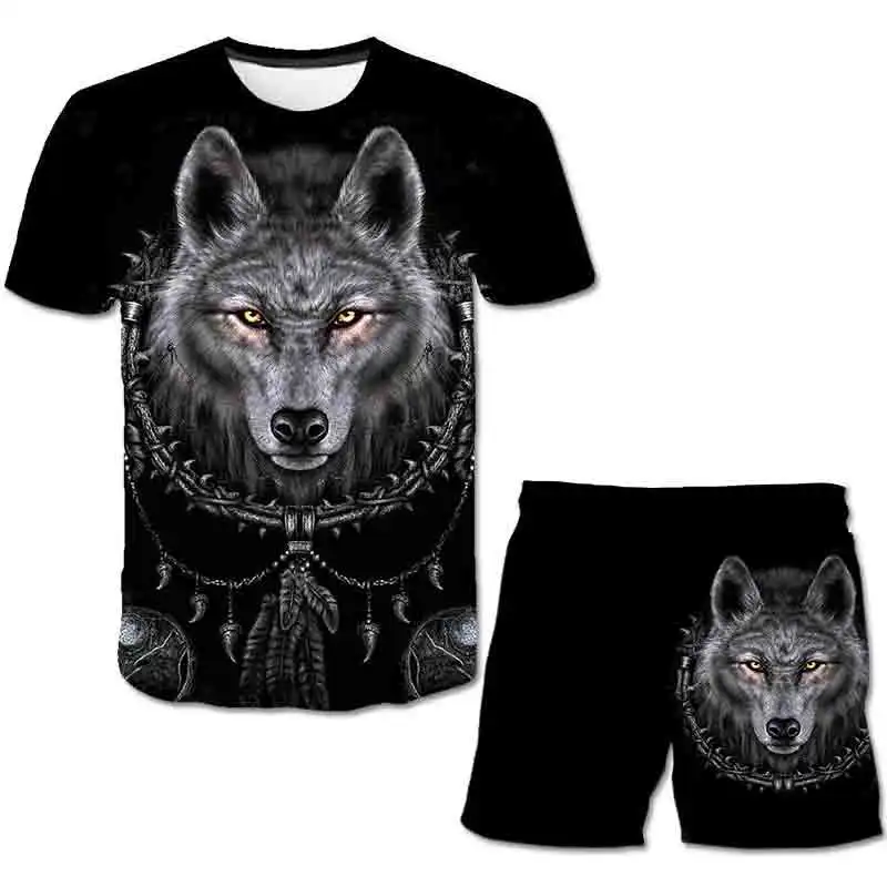 

Children's 3D Animal Wolf Print T-Shirt Set, Summer T-Shirt Fashion Shorts Boys Cartoon Set, 4-14 Years Old