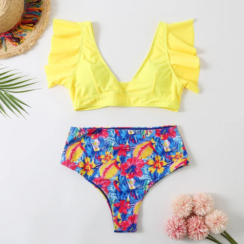 

2020 new hot style ruffled halter high waist sexy split bikini swimsuit for women
