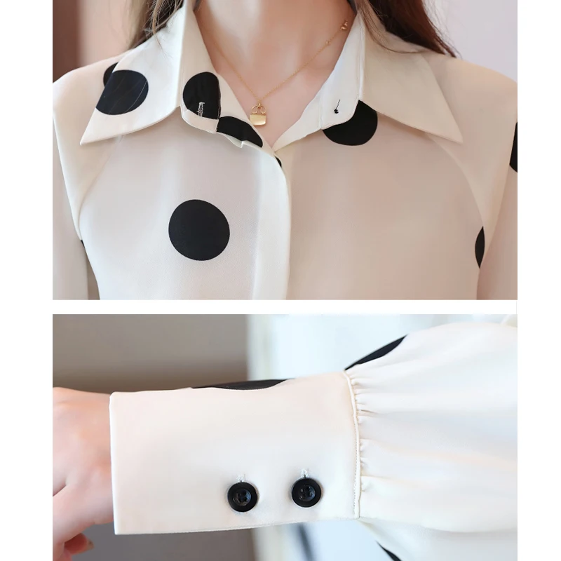 Блузка женская с длинным рукавом топ свободного покроя в горошек на осень |