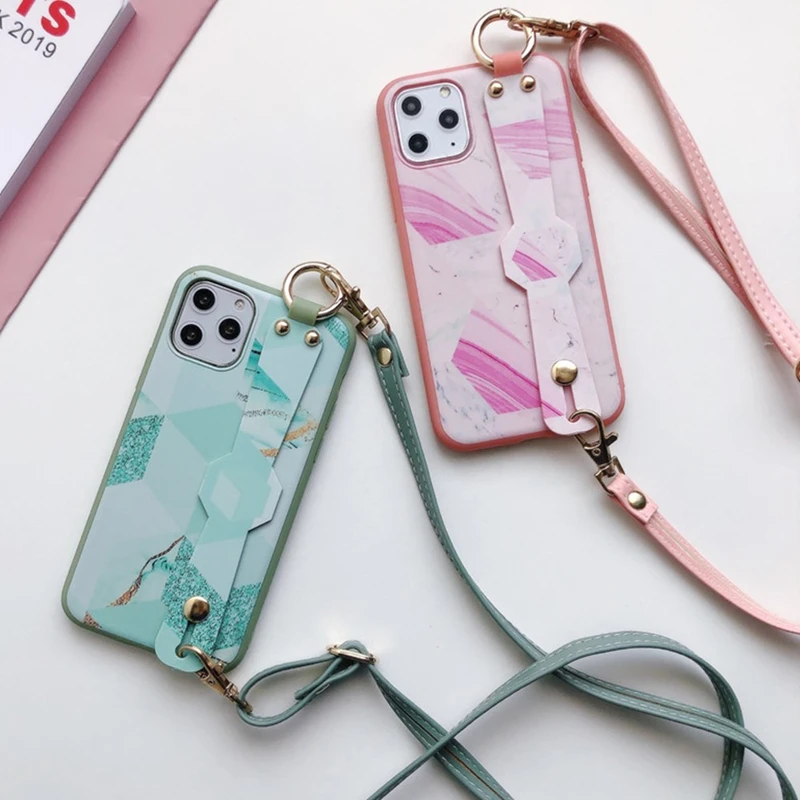 Модный мраморный чехол подставка с ремешком на запястье для телефона iPhone 11 Pro Max 10