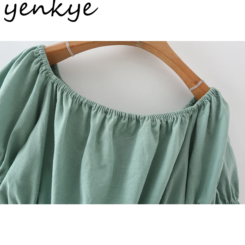

YENKYE Vintage Solid Sexy Off Shoulder Top Women Slash Neck Short Sleeve Cotton Summer Tops Casual Holiday Crop Top