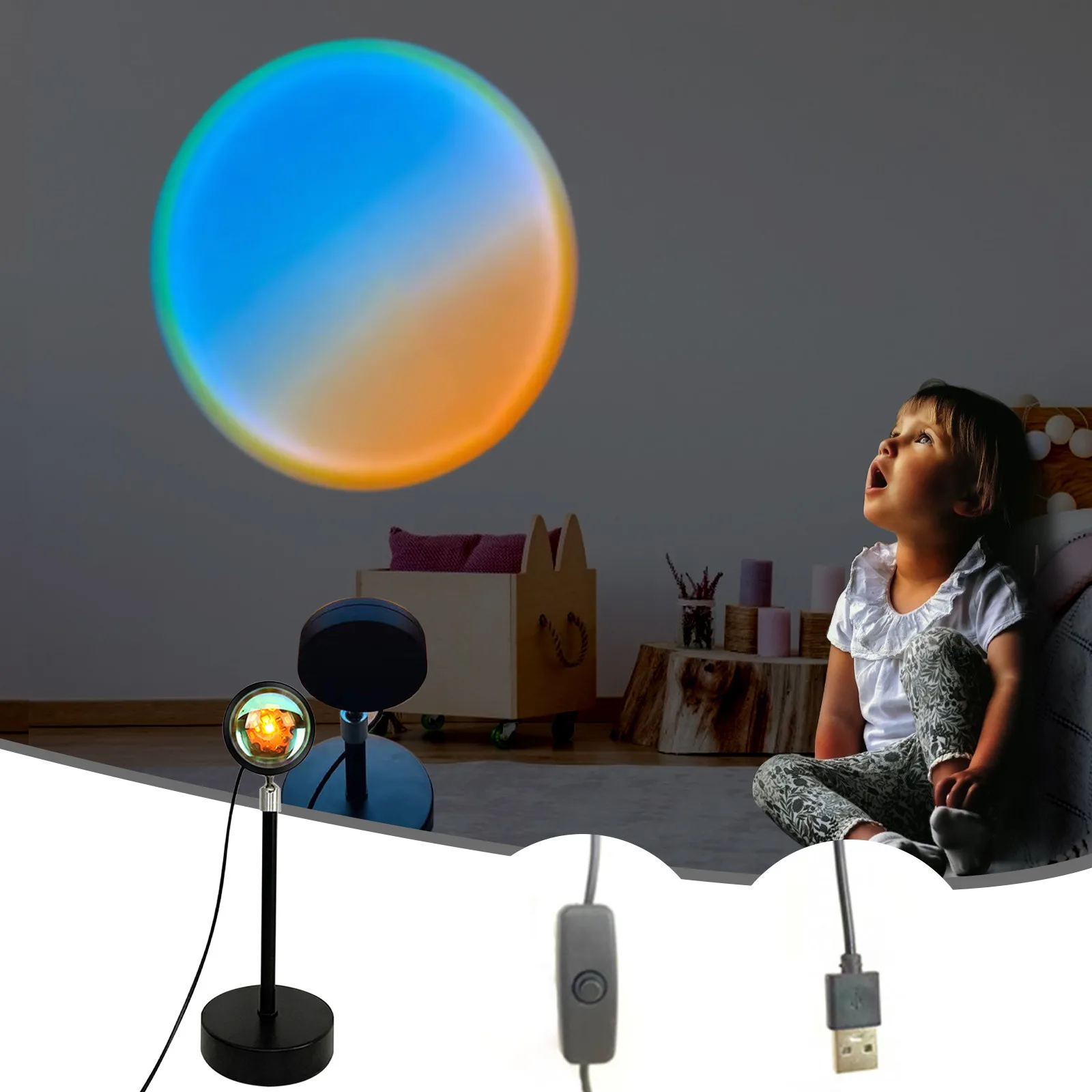 

Радужная проекционная лампа С закатом, светодиодный ночник для фотосъемки, дома, спальни, селфи, Романтический проектор с USB-разъемом