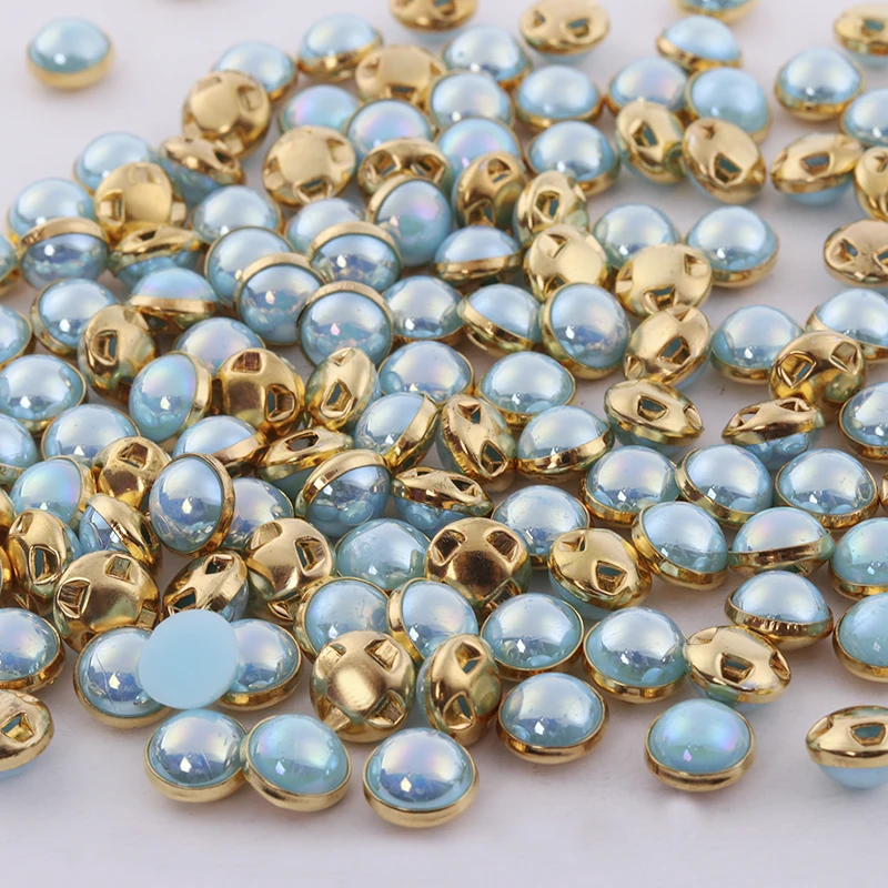 Gold Sky Blue AB Жемчужные бусинки высшего класса, Цвет Небесно-Голубой, AB 6 мм, 8 мм, разноцветные стразы, стразы для шитья, пуговицы для одежды из ткани - Цвет: Gold Sky Blue AB