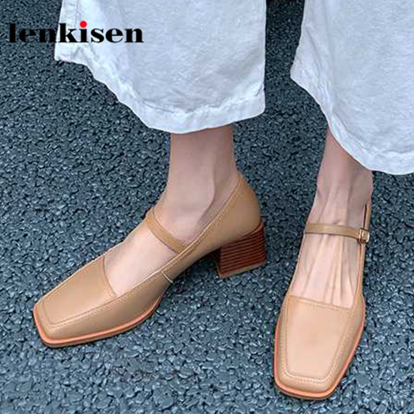 

Lenkisen simple sewing full grain leather square toe high thick heels beauty lady limited customization buckle straps pumps L86