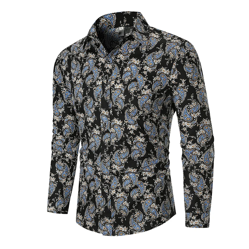 

European code autumn new lapel long sleeve flower shirt men's fashion shirt men's casual shirt